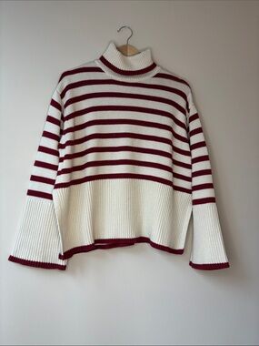Toteme Cream and Burgundy Striped Turtleneck Sweater